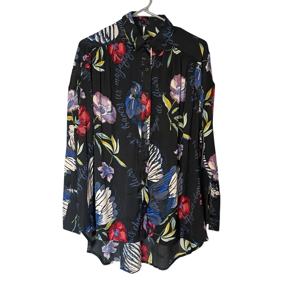 NWT Free People Silky Tunic Top Long Sleeve Button Up Black Onyx Floral Sz XS